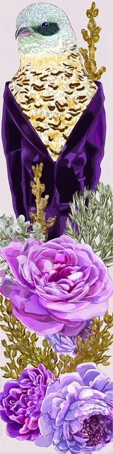 Free bird bookmark featuring a bird in a purple velvet jacket